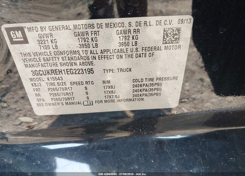 2014 CHEVROLET SILVERADO 1500 2LT VIN: 3GCUKREH1EG223195