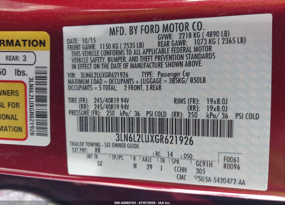 2016 LINCOLN MKZ VIN: 3LN6L2LUXGR621926
