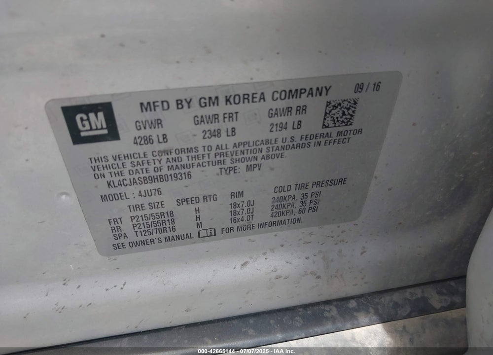 2017 BUICK ENCORE VIN: KL4CJASB9HB019316