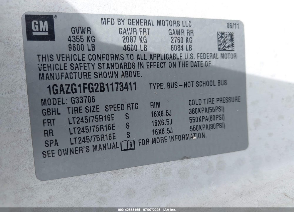 2011 CHEVROLET EXPRESS 1500 VIN: 1GA2G1FG2B1173411