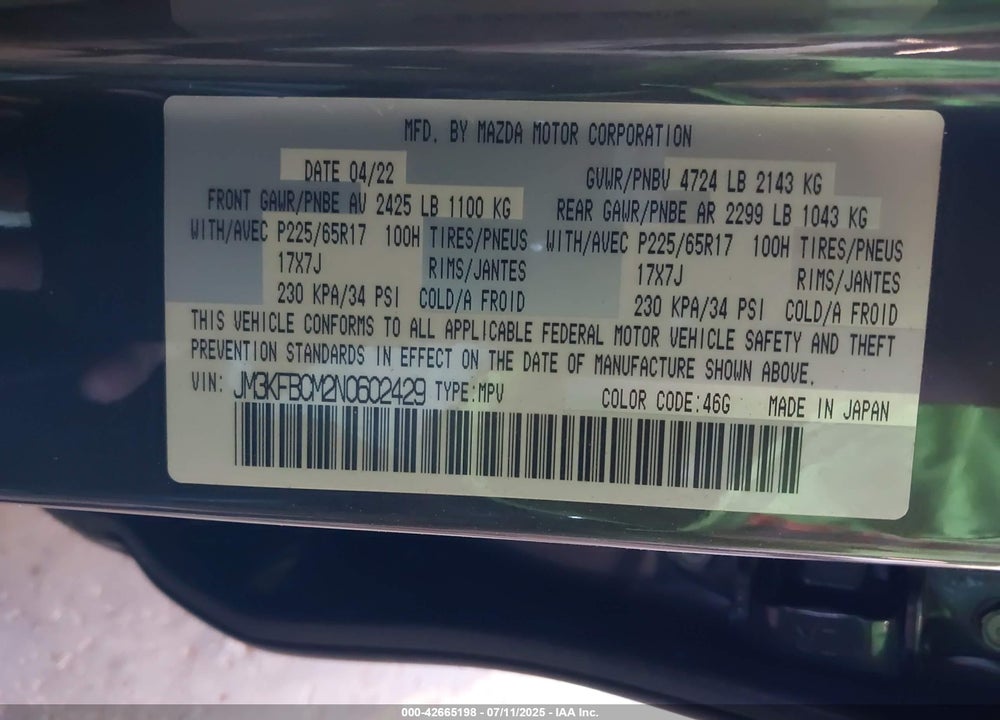 2022 MAZDA CX-5 VIN: JM3KFBCM2N0602429