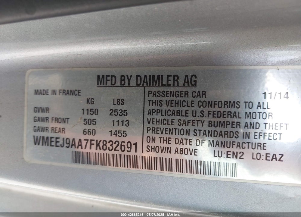 2015 SMART FORTWO ELECTRIC DRIVE PASSION VIN: WMEEJ9AA7FK832691