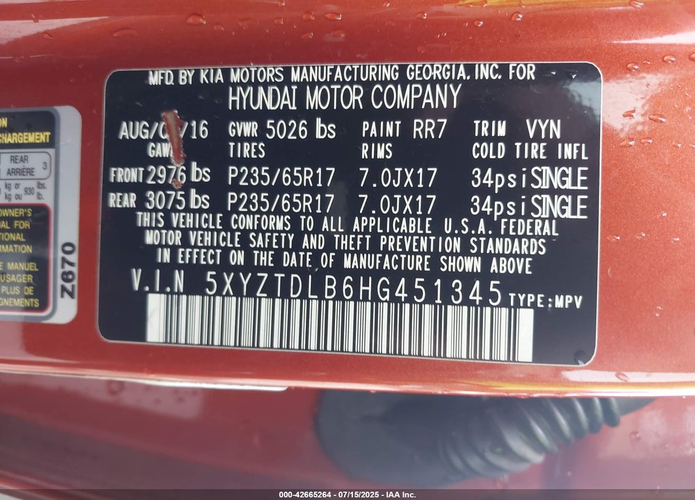 2017 HYUNDAI SANTA FE SPORT 2.4L VIN: 5XYZTDLB6HG451345