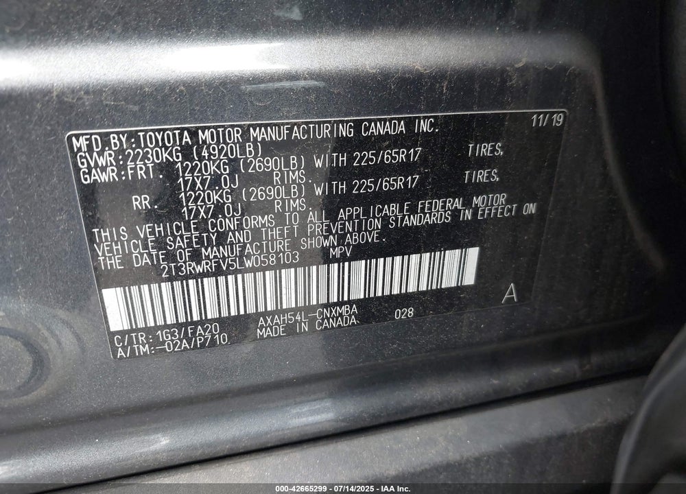 2020 TOYOTA RAV4 HYBRID VIN: 2T3RWRFV5LW058103