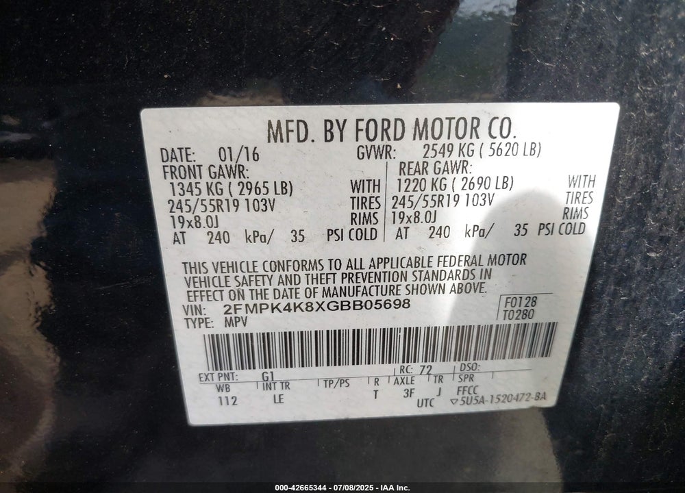 2016 FORD EDGE VIN: 2FMPK4K8XGBB05698