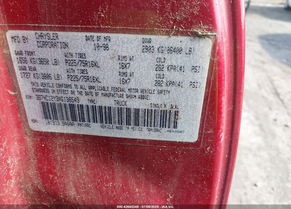 1999 DODGE RAM 1500 ST VIN: 3B7HC12Y3XG136549