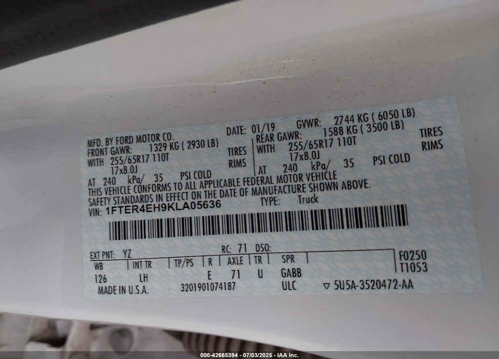 2019 FORD RANGER VIN: 1FTER4EH9KLA05636