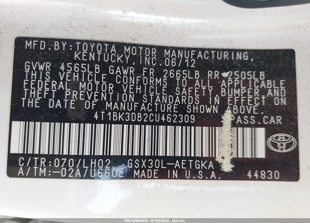 2012 TOYOTA AVALON VIN: 4T1BK3DB2CU462309