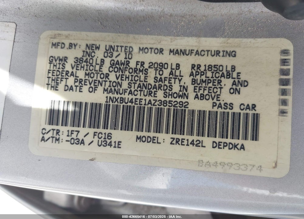 2010 TOYOTA COROLLA VIN: 1NXBU4EE1AZ385292