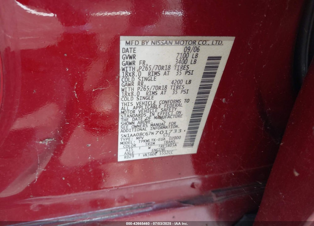 2007 NISSAN ARMADA VIN: 5N1AA08C67N701733