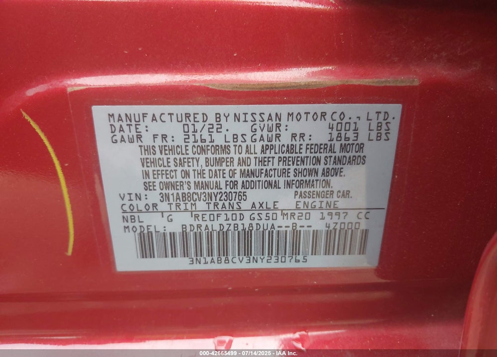 2022 NISSAN SENTRA VIN: 3N1AB8CV3NY230765