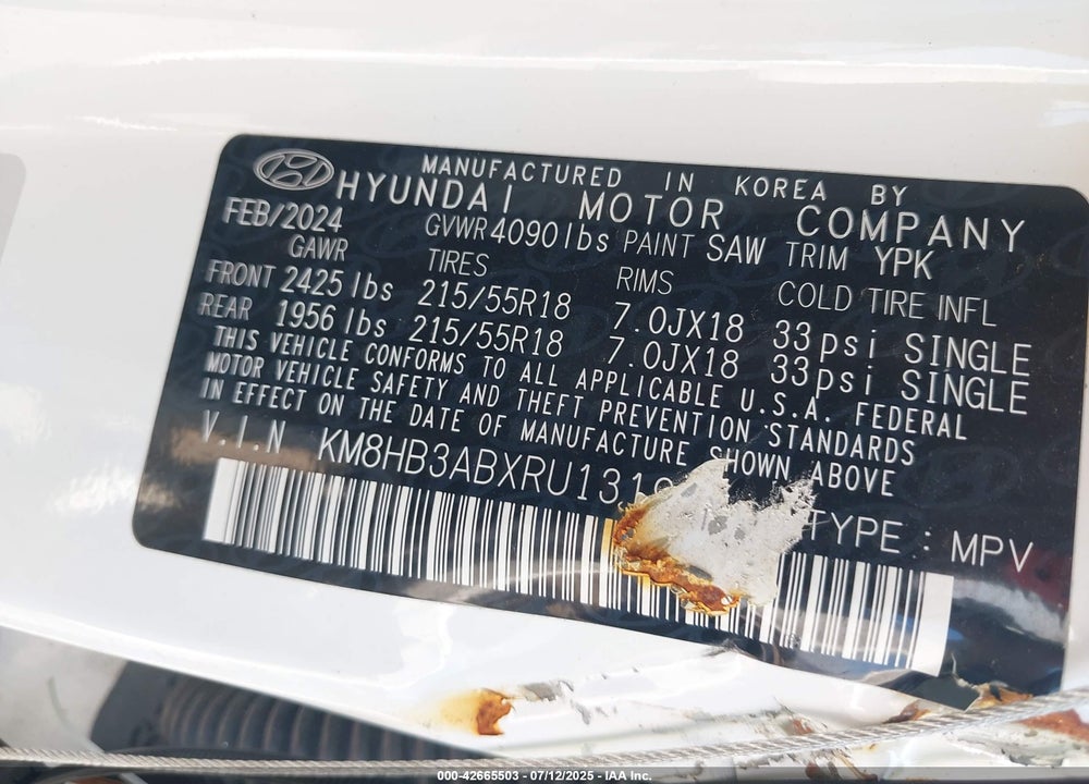 2024 HYUNDAI KONA VIN: KM8HB3ABXRU131999