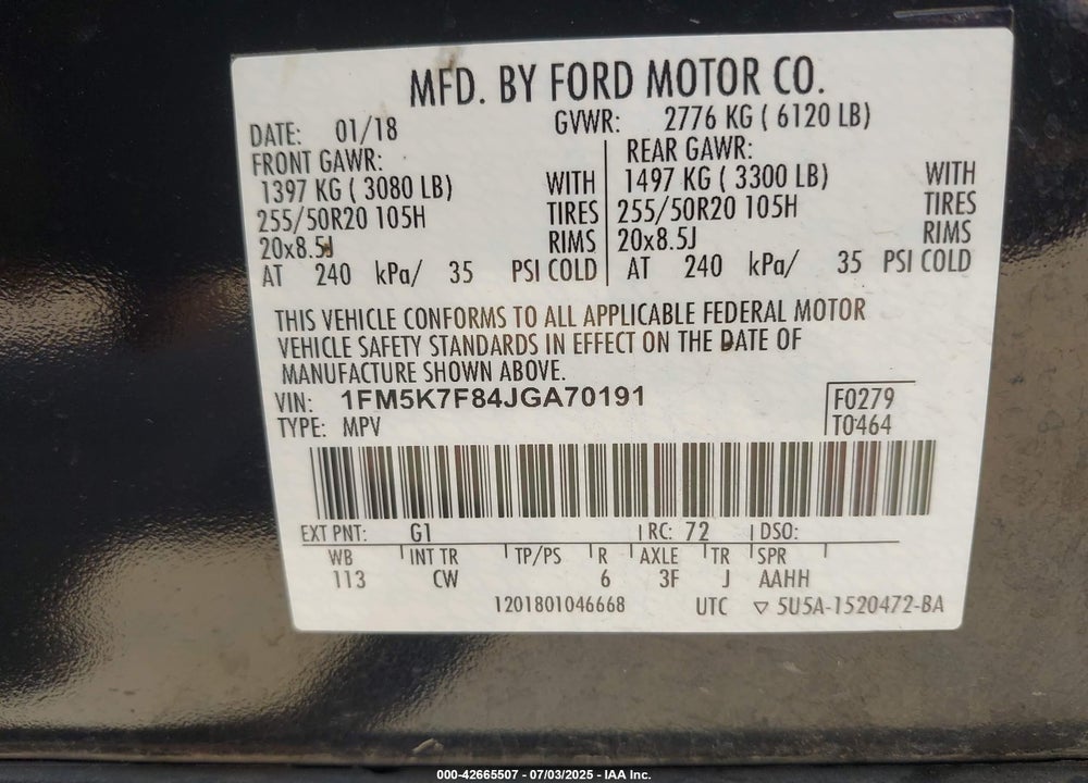 2018 FORD EXPLORER LIMITED VIN: 1FM5K7F84JGA70191