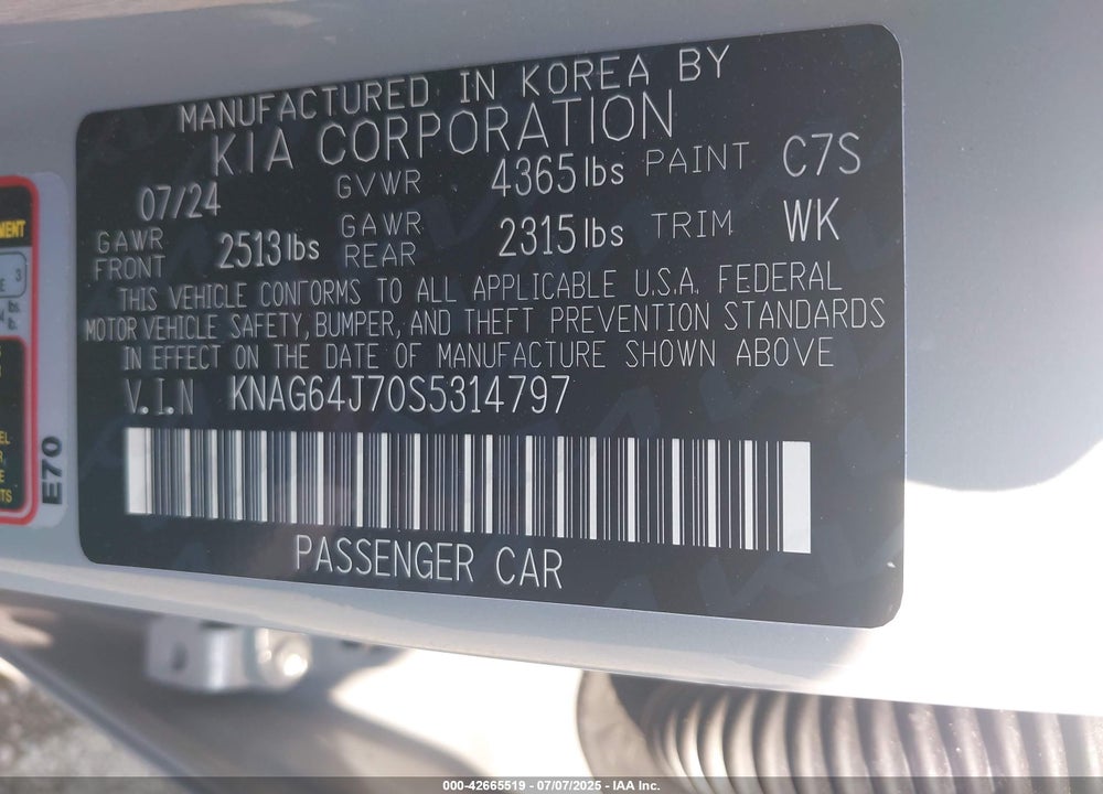 2025 KIA K5 VIN: KNAG64J70S5314797