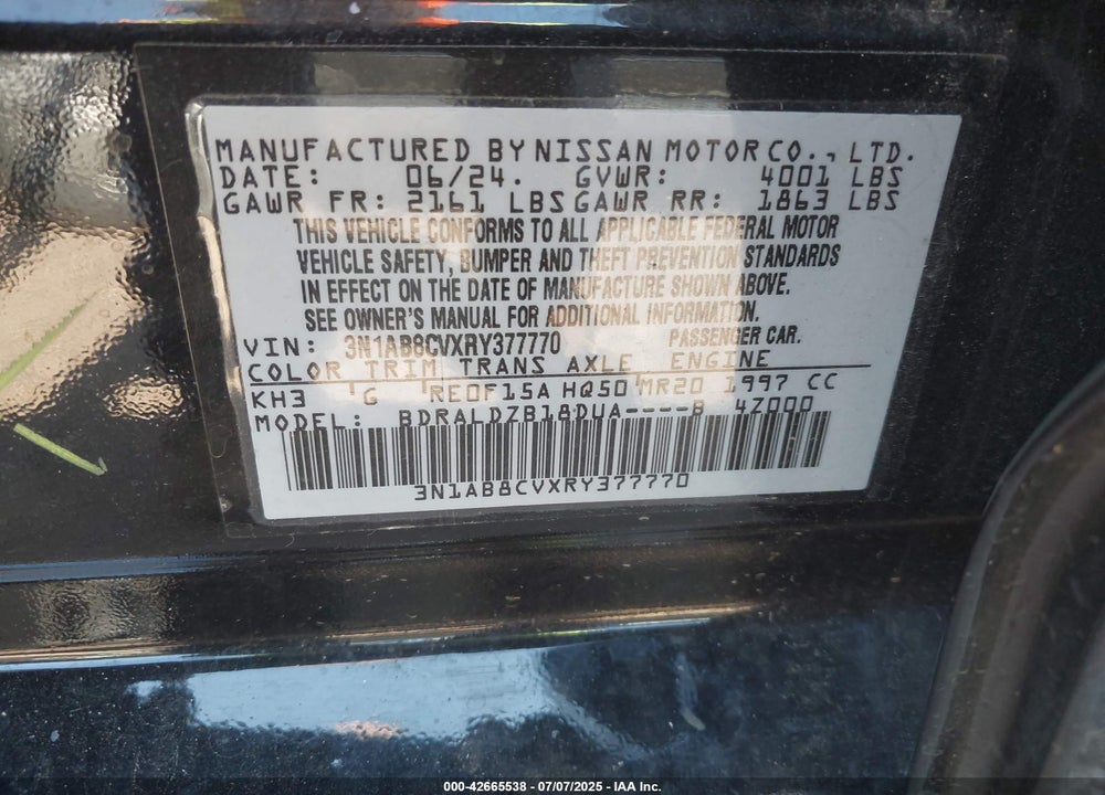 2024 NISSAN SENTRA SV XTRONIC CVT VIN: 3N1AB8CVXRY377770