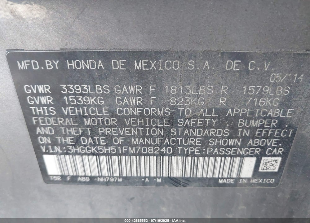 2015 HONDA FIT VIN: 3HGGK5H51FM708240