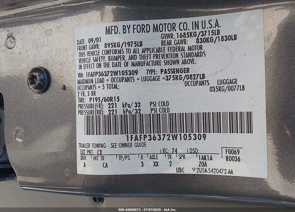 2002 FORD FOCUS VIN: 1FAFP36372W105309