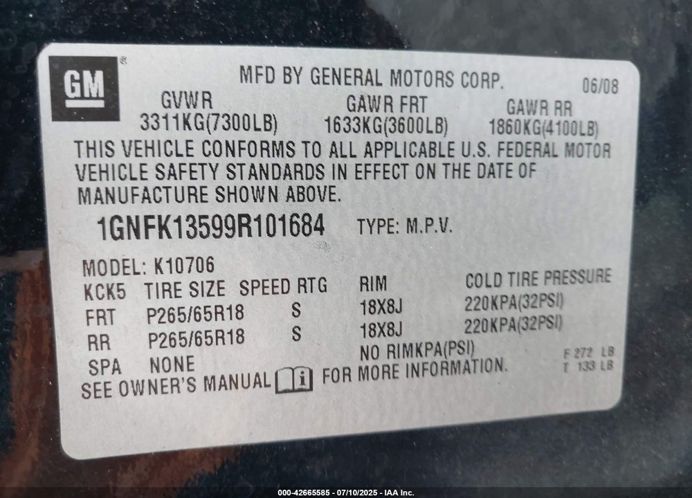 2009 CHEVROLET TAHOE VIN: 1GNFK13599R101684