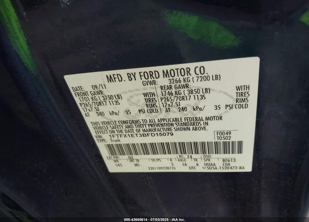 2011 FORD F-150 XLT VIN: 1FTFX1ET3BFD15079