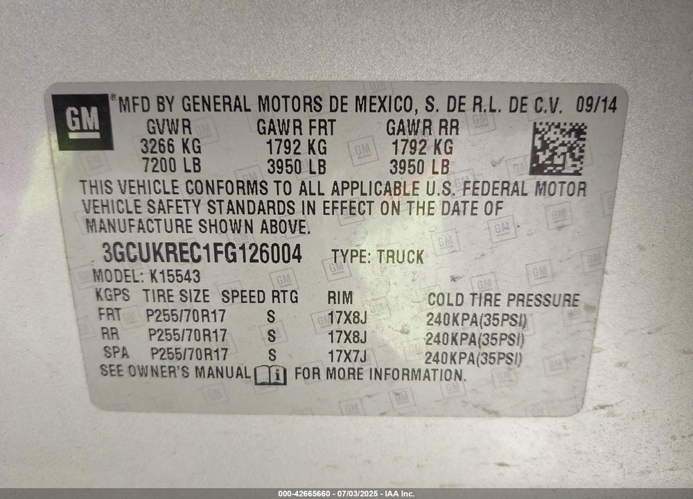 2015 CHEVROLET SILVERADO 1500 1LT VIN: 3GCUKREC1FG126004