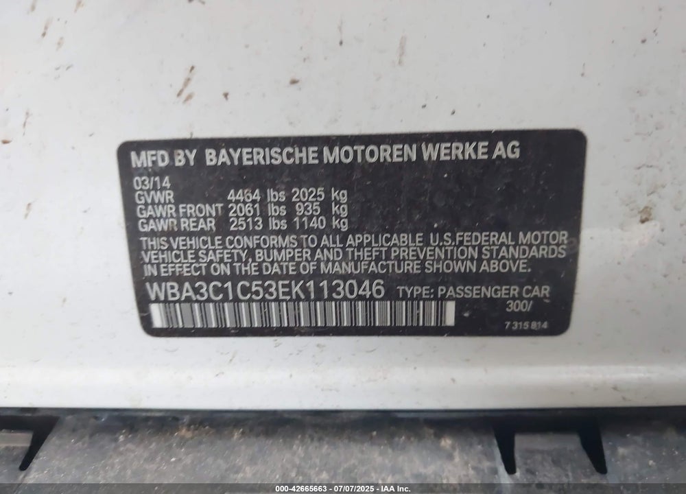 2014 BMW 3 SERIES VIN: WBA3C1C53EK113046