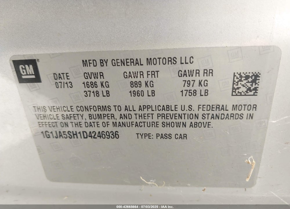 2013 CHEVROLET SONIC VIN: 1G1JA5SH1D4246936