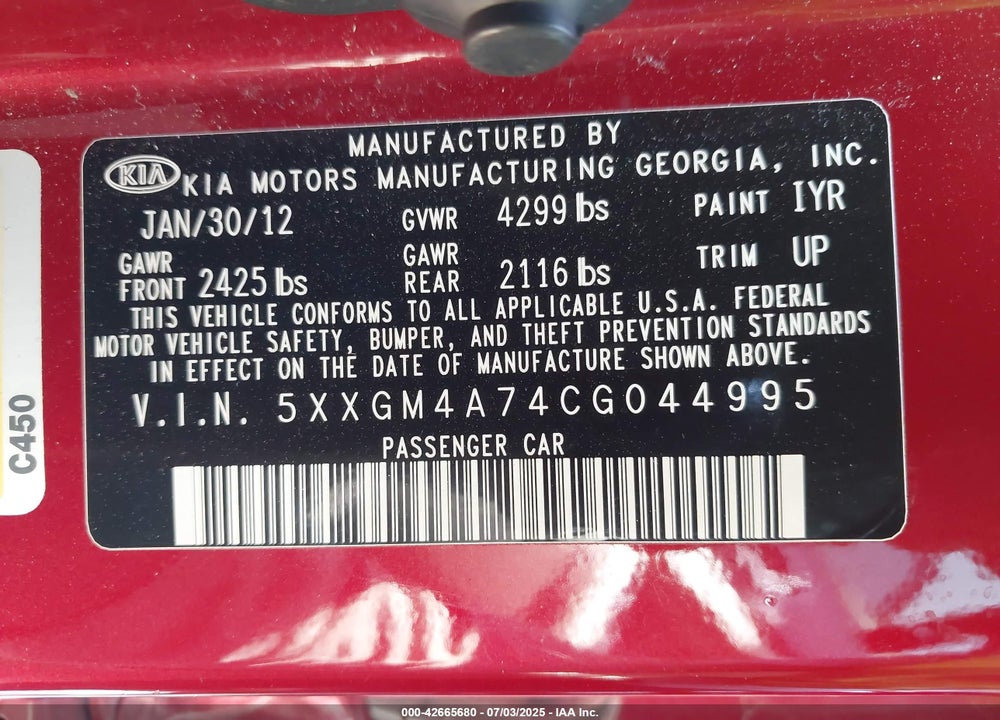 2012 KIA OPTIMA VIN: 5XXGM4A74CG044995