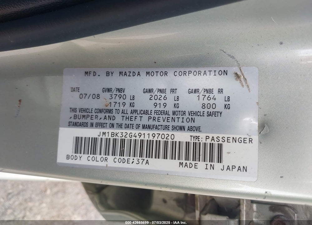 2009 MAZDA 3 VIN: JM1BK32G491197020