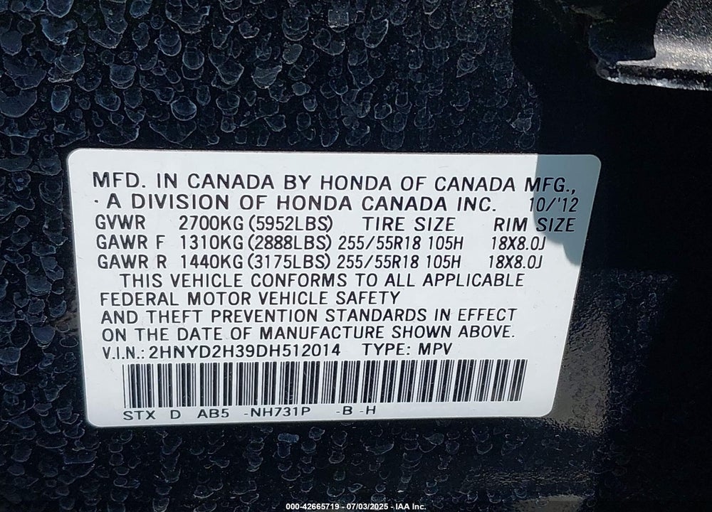 2013 ACURA MDX VIN: 2HNYD2H39DH512014