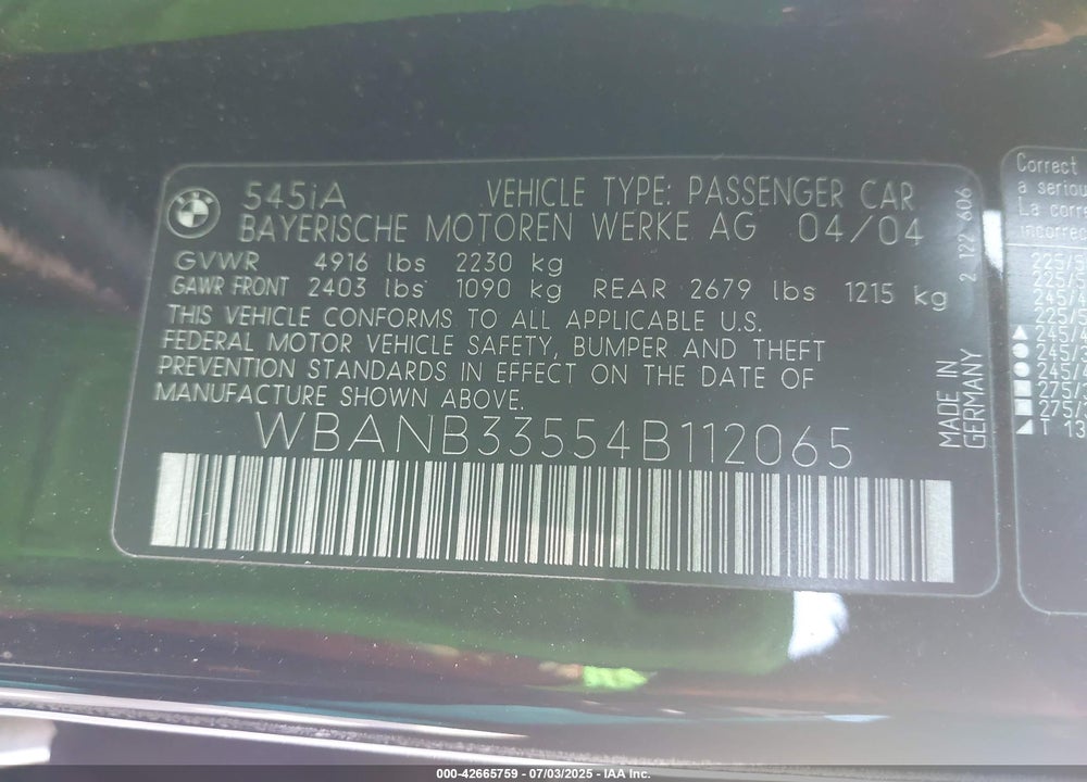 2004 BMW 545I VIN: WBANB33554B112065