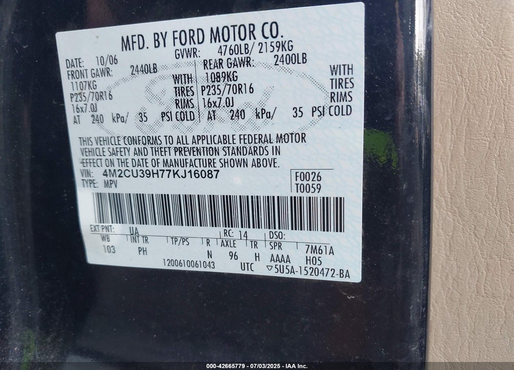2007 MERCURY MARINER HYBRID VIN: 4M2CU39H77KJ16087