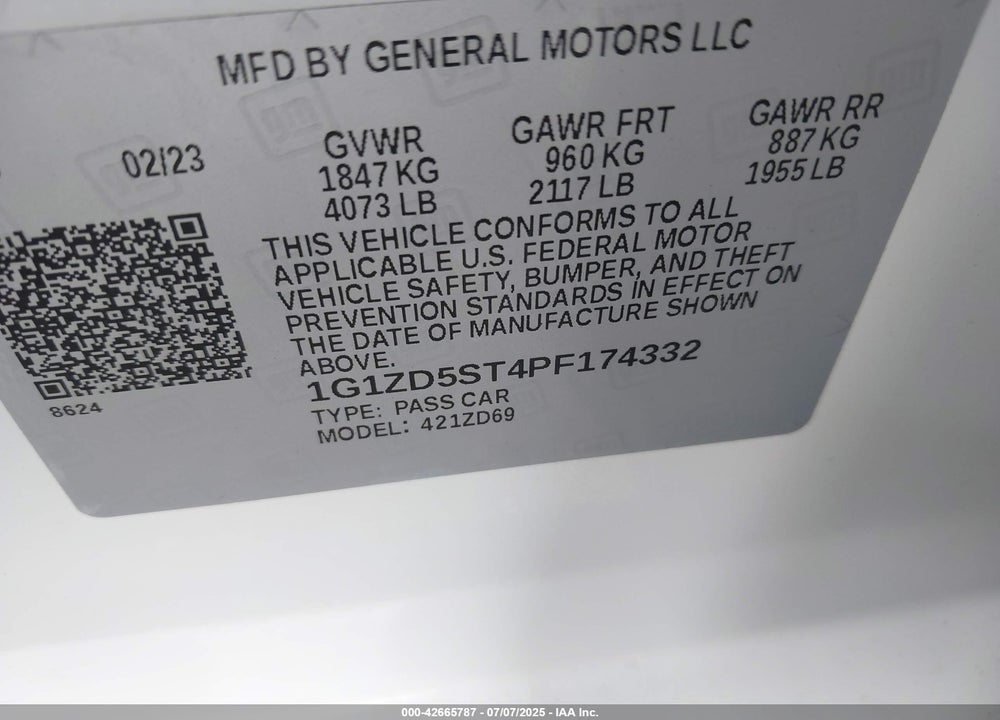 2023 CHEVROLET MALIBU VIN: 1G1ZD5ST4PF174332