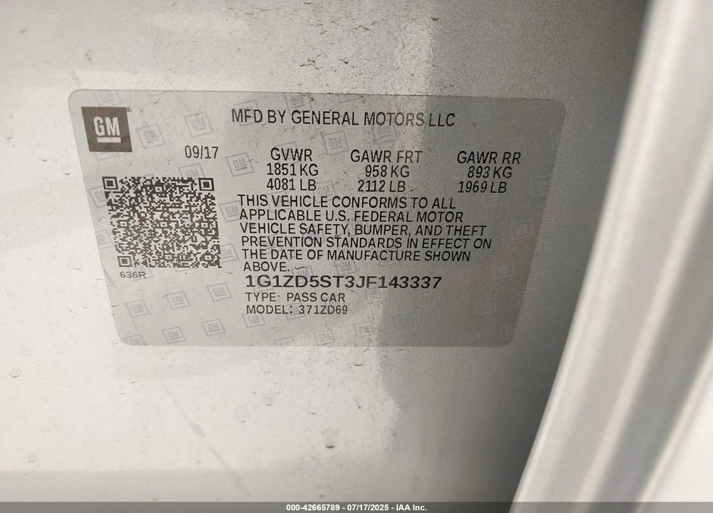 2018 CHEVROLET MALIBU VIN: 1G1ZD5ST3JF143337