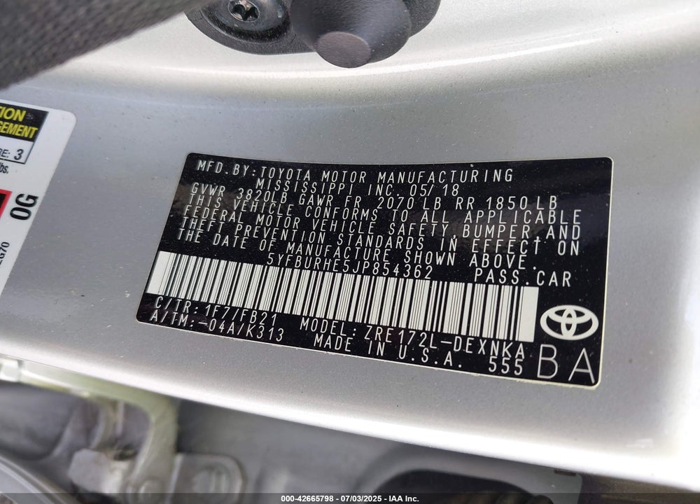 2018 TOYOTA COROLLA VIN: 5YFBURHE5JP854362