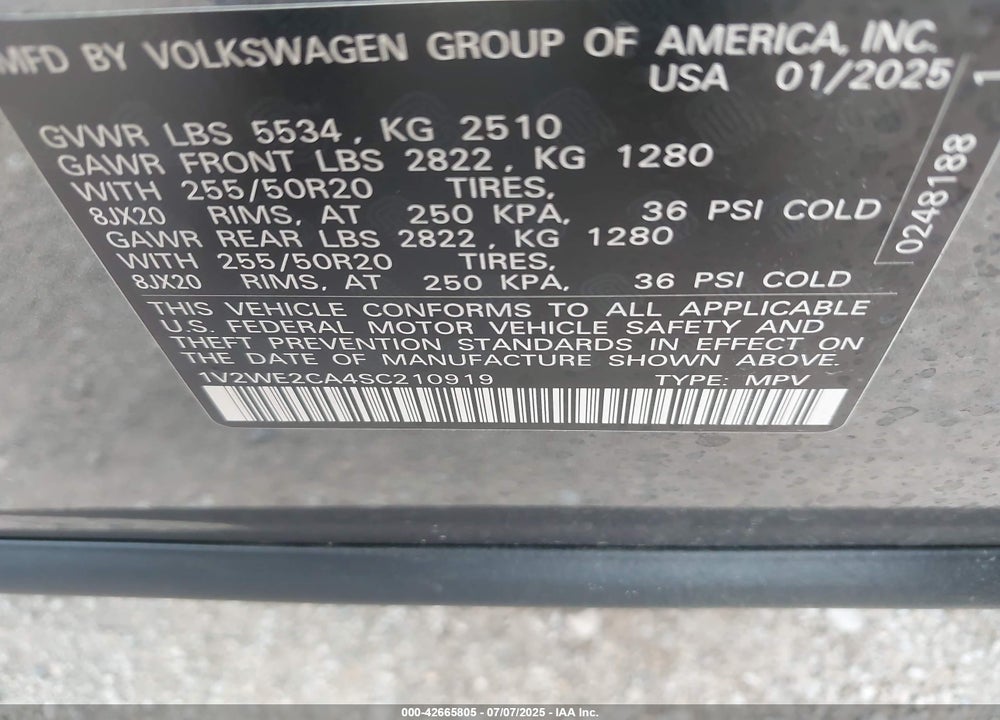 2025 VOLKSWAGEN ATLAS CROSS SPORT VIN: 1V2WE2CA4SC210919