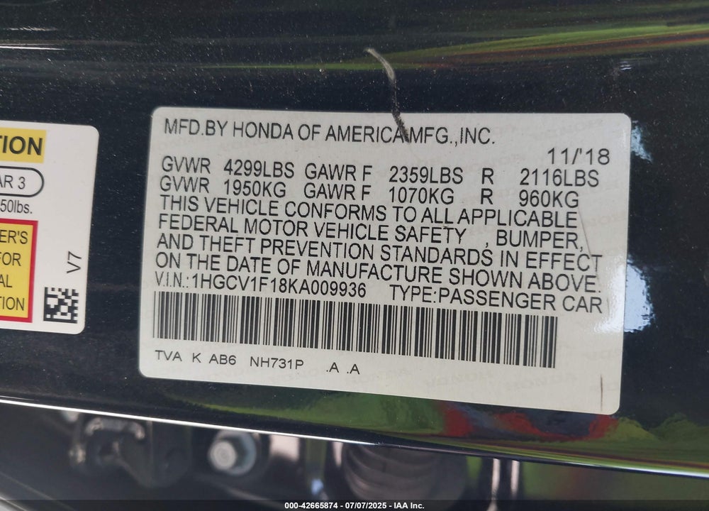 2019 HONDA ACCORD VIN: 1HGCV1F18KA009936