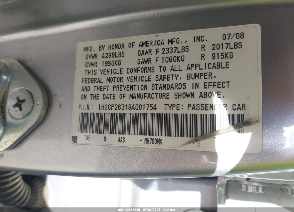2009 HONDA ACCORD VIN: 1HGCP26319A001754