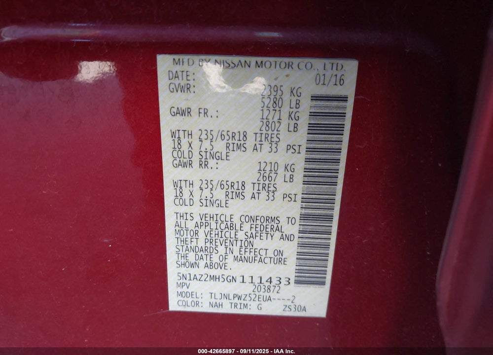 2016 NISSAN MURANO VIN: 5N1AZ2MH5GN111433