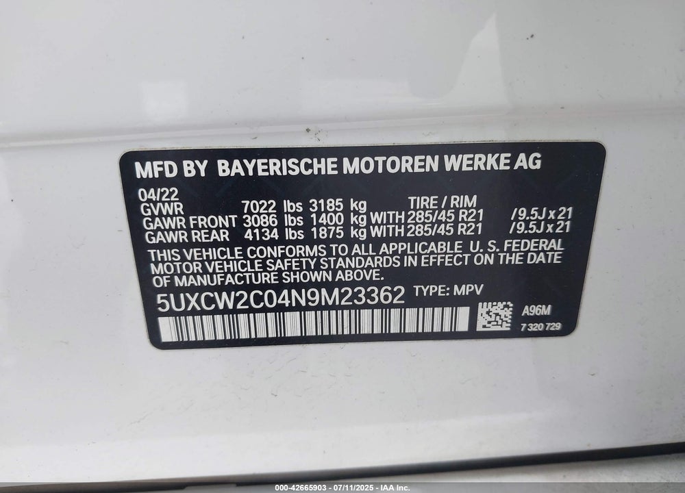 2022 BMW X7 XDRIVE40I VIN: 5UXCW2C04N9M23362