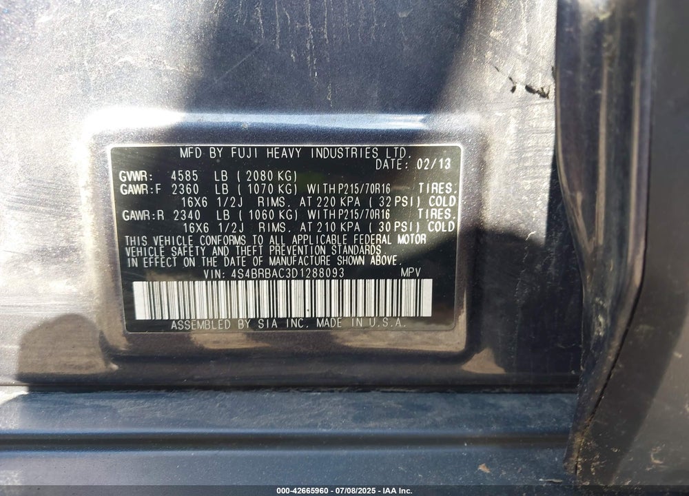2013 SUBARU OUTBACK VIN: 4S4BRBAC3D1288093