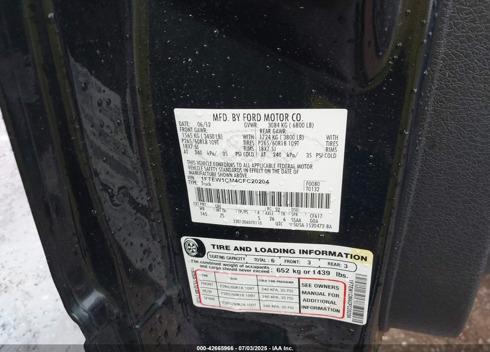 2012 FORD F-150 VIN: 1FTEW1CM4CFC20204