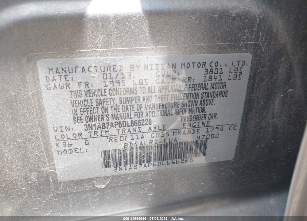 2013 NISSAN SENTRA VIN: 3N1AB7AP6DL666228