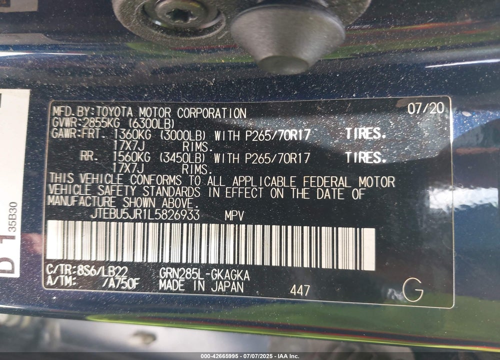 2020 TOYOTA 4RUNNER SR5 PREMIUM VIN: JTEBU5JR1L5826933