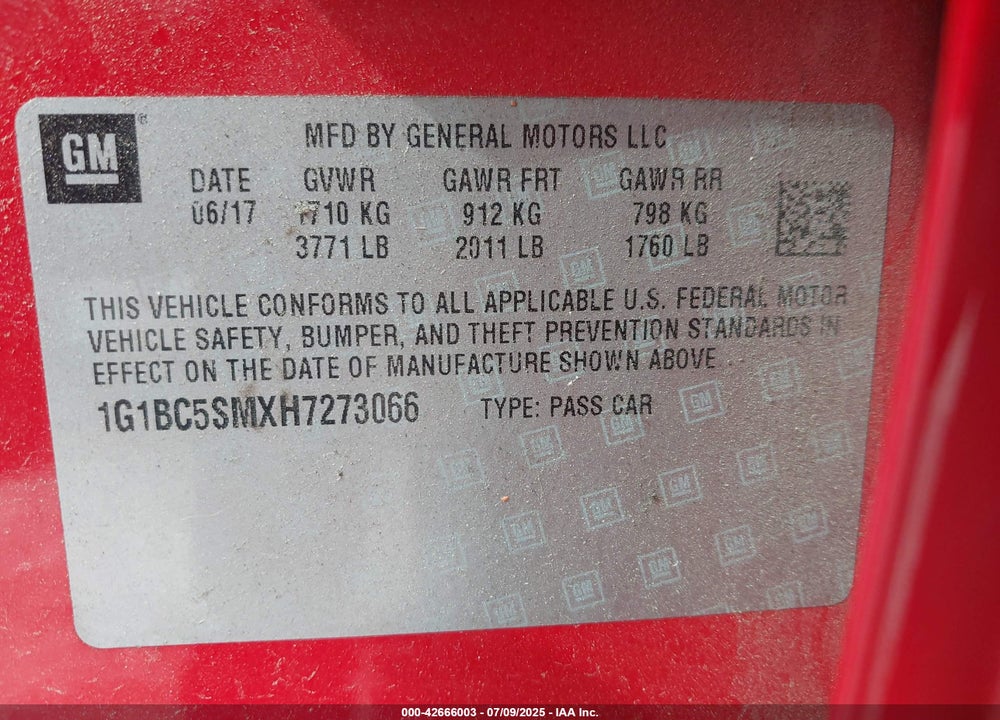 2017 CHEVROLET CRUZE VIN: 1G1BC5SMXH7273066