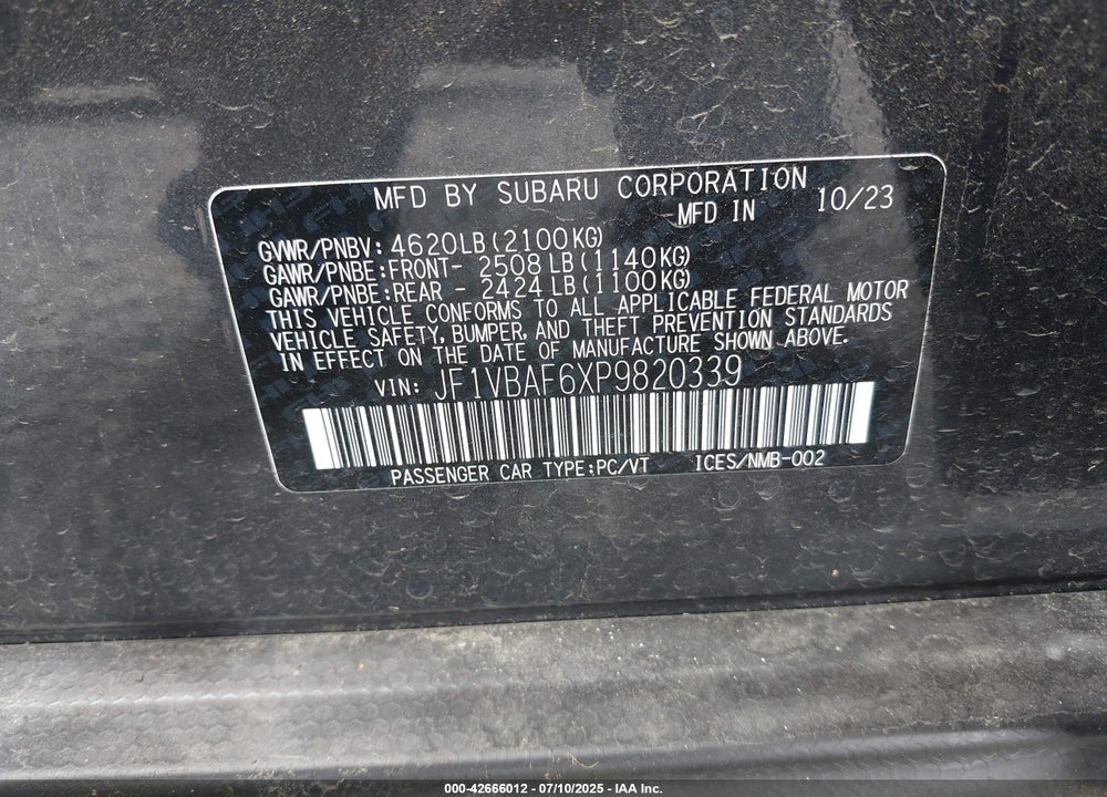 2023 SUBARU WRX VIN: JF1VBAF6XP9820339