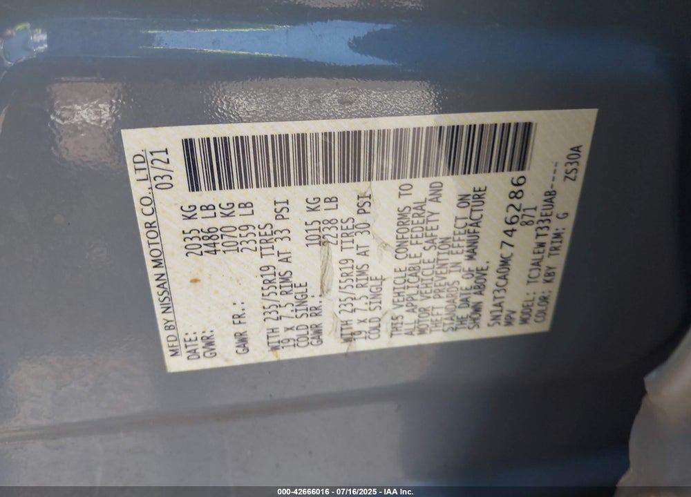 2021 NISSAN ROGUE SL FWD VIN: 5N1AT3CA0MC746286