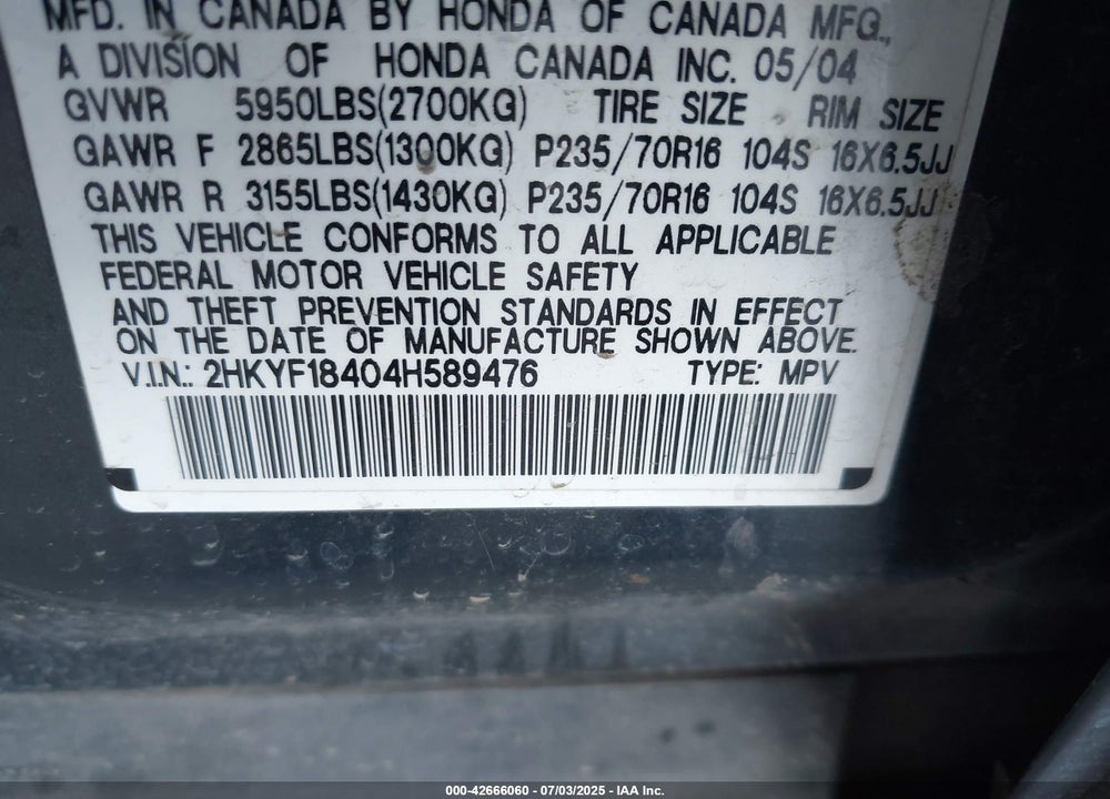 2004 HONDA PILOT EX VIN: 2HKYF18404H589476
