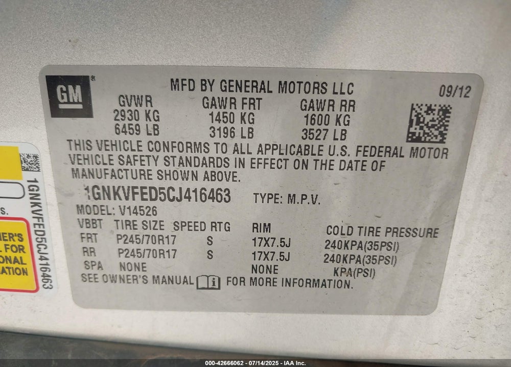 2012 CHEVROLET TRAVERSE VIN: 1GNKVFED5CJ416463