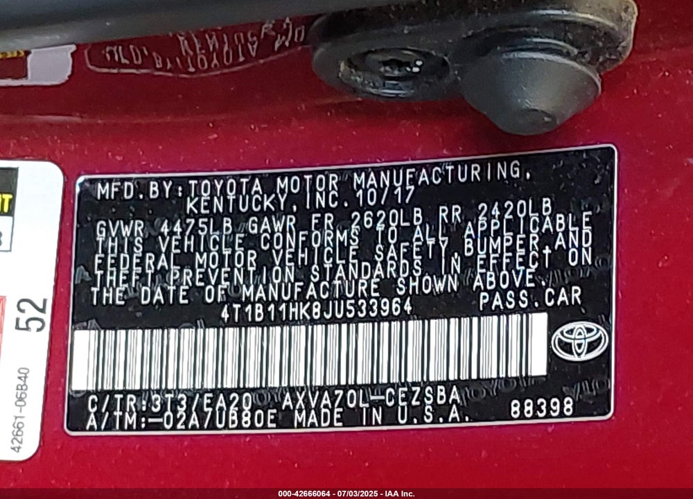 2018 TOYOTA CAMRY VIN: 4T1B11HK8JU533964