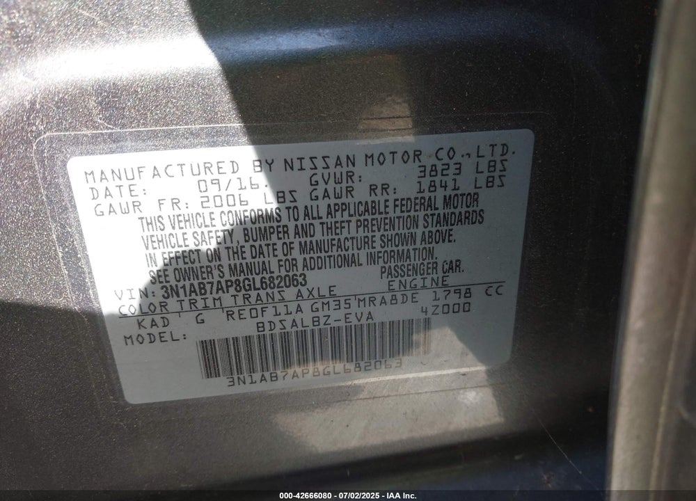2016 NISSAN SENTRA VIN: 3N1AB7AP8GL682063